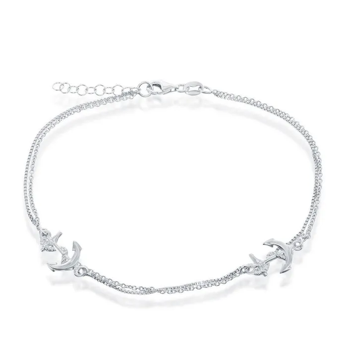 Classic Rings Sterling Silver Double Strand Anchor Anklet