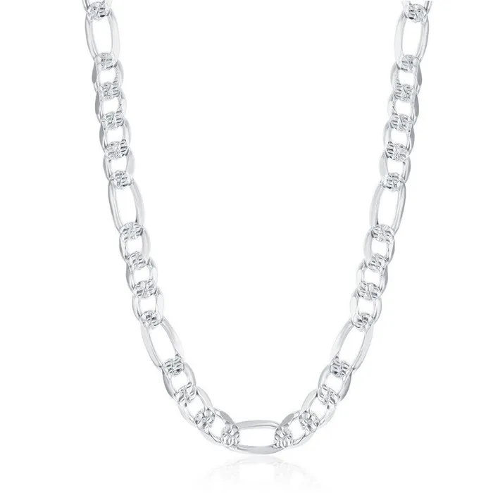 Classic Rings Sterling Silver Rhodium Plated 78mm Pave Figaro Chain 20
