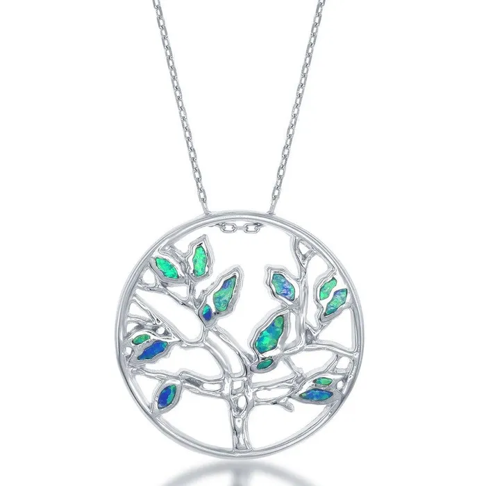 Classic Sterling Silver Open Circle with Opal Tree Pendant Necklaces