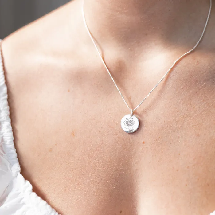 closebymejewelry Necklaces Circle Necklace with BirthFlower Engraving in Sterling Silver