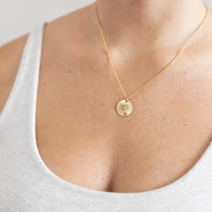 closebymejewelry Necklaces Circle Necklace with BirthFlower Engraving in Sterling Silver
