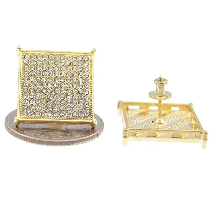 Earrings Bling Cartel Admin Big Square Iced Micro Pave Gold Finish 20MM Screw Back Earrings