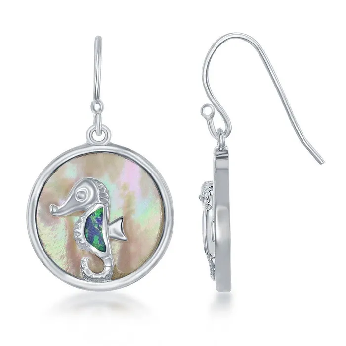 Earrings Classic Sterling Silver Blue Inlay Opal Seahorse Earrings