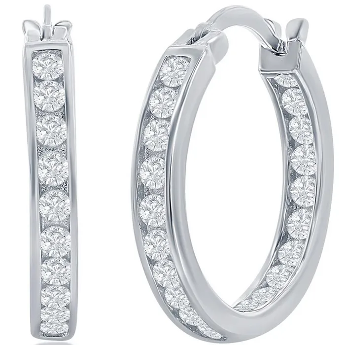 Earrings Classic Womens Earrings Silver 20mm Inside Outside Channel Set CZ Hoop D3494 Classic Earrings Classic Womens Earrings Silver 20mm Inside Outside Channel Set CZ Hoop D3494 Classic