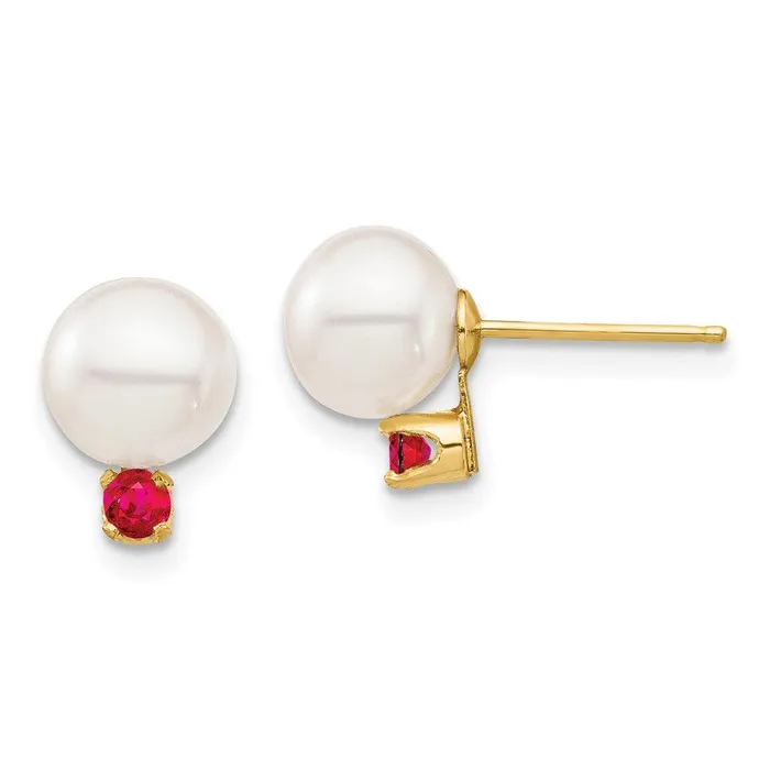 Earrings Jewelry 14K 775mm White Round Freshwater Cultured Pearl Ruby Post Earrings Earrings Jewelry 14K 775mm White Round Freshwater Cultured Pearl Ruby Post Earrings