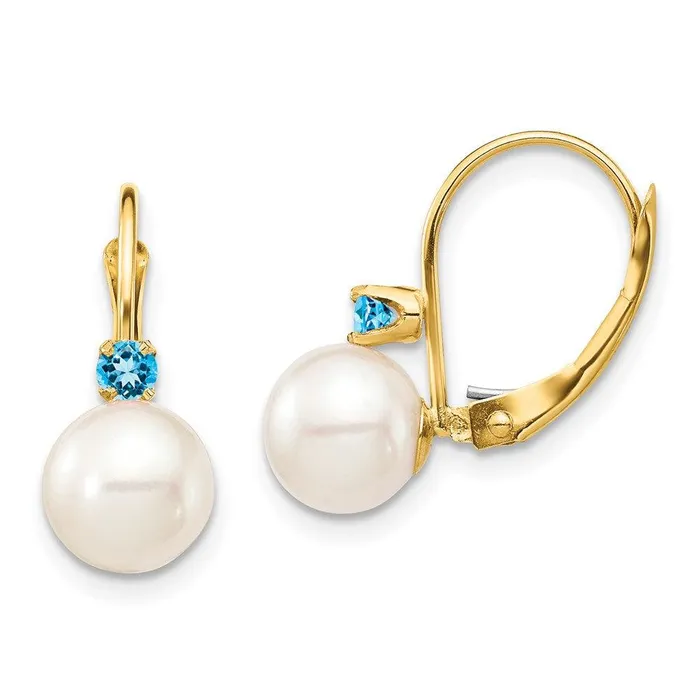 Earrings Jewelry 14K 775mm White Round FWC Pearl Swiss Blue Topaz Leverback Earrings Earrings Jewelry 14K 775mm White Round FWC Pearl Swiss Blue Topaz Leverback Earrings