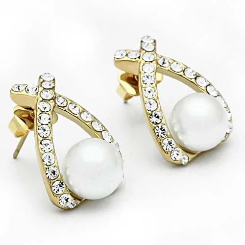 GL251 IP GoldIon Plating Brass Earrings with Synthetic Pearl in White Alamode Earrings