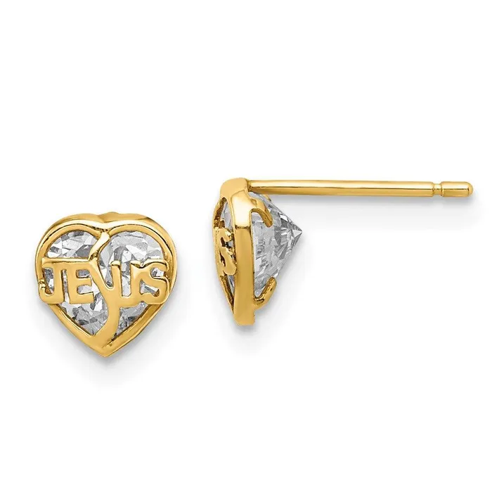 Jewelry Earrings Madi K Kids 14k CZ Jesus Heart Post Earrings