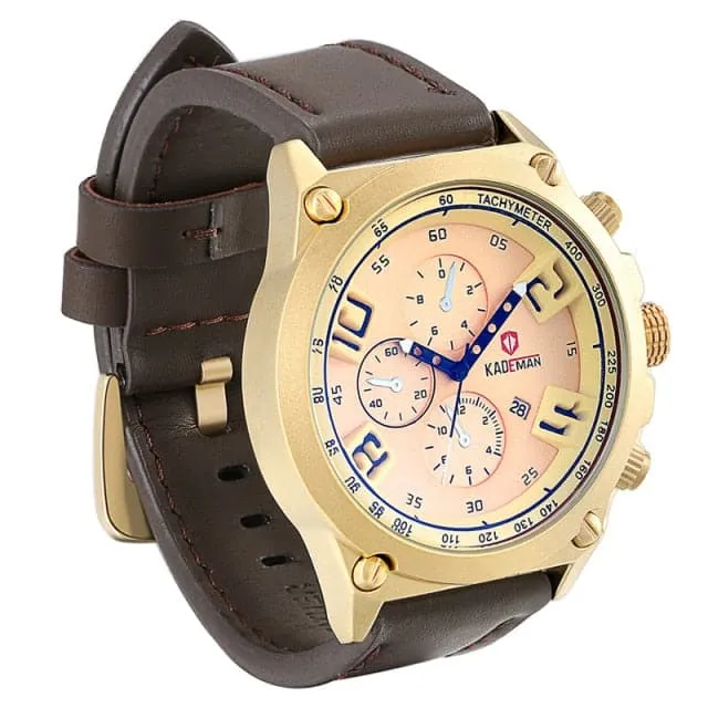 KADEMAN Mens Luxury Fashion Golden Blue Premium Quality Leather Quartz Watch Divine Inspiration Styles Watches