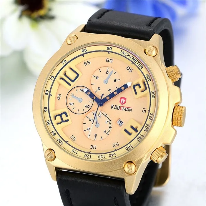 KADEMAN Mens Luxury Fashion Golden Blue Premium Quality Leather Quartz Watch Divine Inspiration Styles Watches