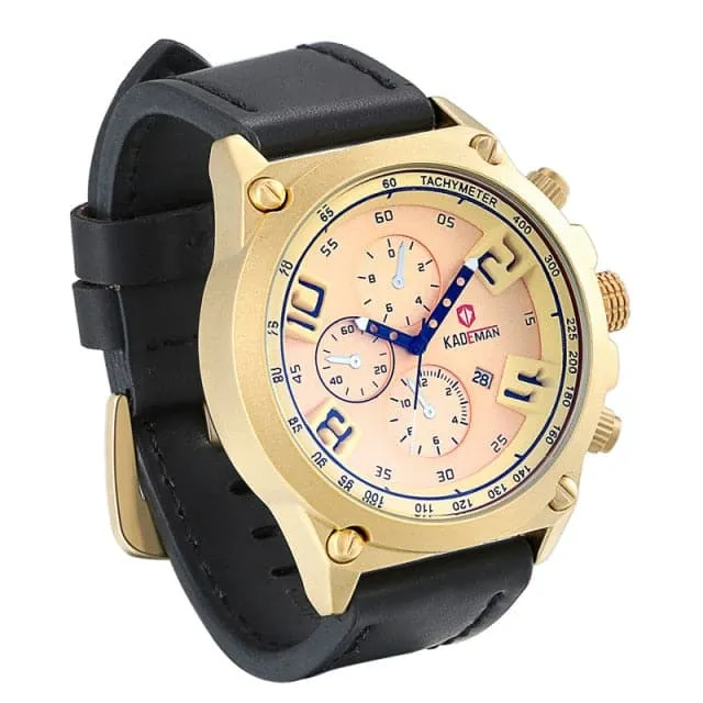 KADEMAN Mens Luxury Fashion Golden Blue Premium Quality Leather Quartz Watch Divine Inspiration Styles Watches