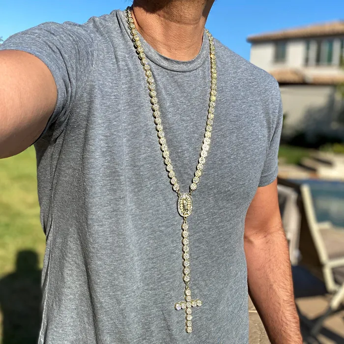 Necklaces Bling Cartel 14K Gold Plated Flower Chain CZ Rosary La Virgen De Guadalupe Necklace 30 Necklaces Bling Cartel 14K Gold Plated Flower Chain CZ Rosary La Virgen De Guadalupe Necklace 30