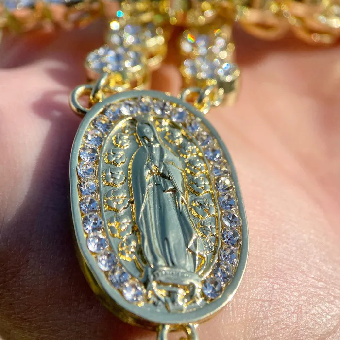Necklaces Bling Cartel 14K Gold Plated Flower Chain CZ Rosary La Virgen De Guadalupe Necklace 30