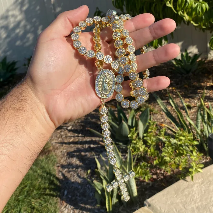 Necklaces Bling Cartel 14K Gold Plated Flower Chain CZ Rosary La Virgen De Guadalupe Necklace 30