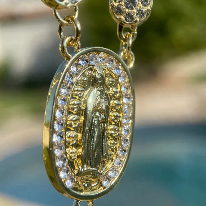 Necklaces Bling Cartel 14K Gold Plated Flower Chain CZ Rosary La Virgen De Guadalupe Necklace 30