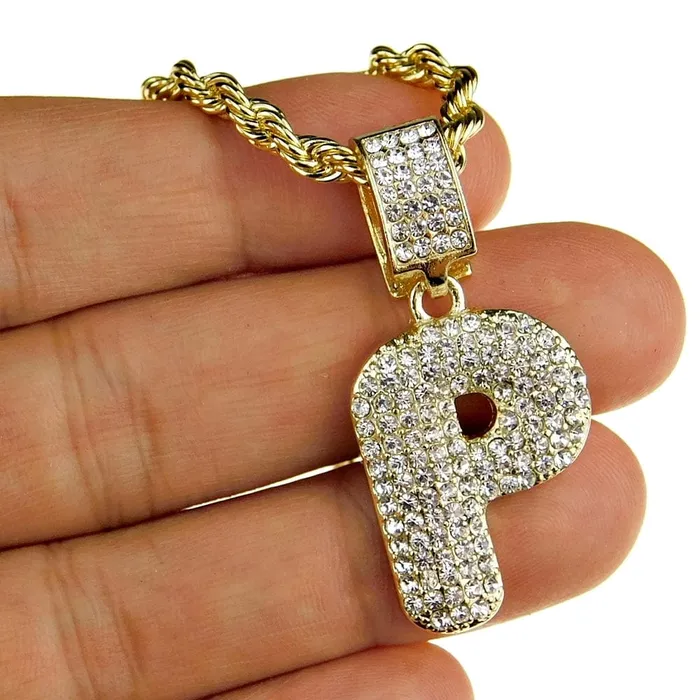 Necklaces Bling Cartel Admin Bubble Letter P Gold Finish Rope Chain Necklace 24