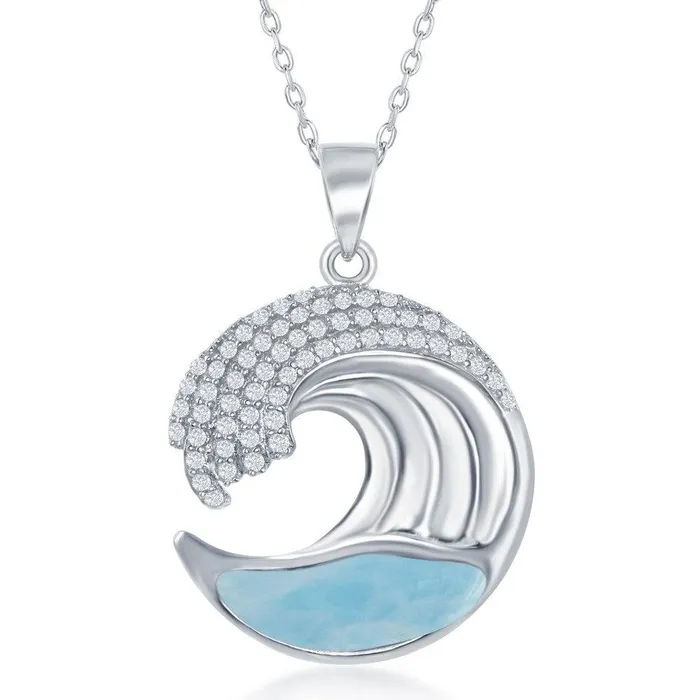 Necklaces Classic Sterling Silver Larimar Wave Design with CZ Pendant