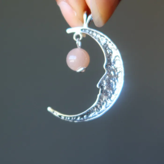 Necklaces Satin Crystals Peach Moonstone Pendant Crescent Moon Sterling Silver