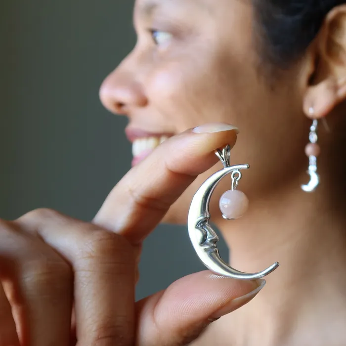 Necklaces Satin Crystals Peach Moonstone Pendant Crescent Moon Sterling Silver