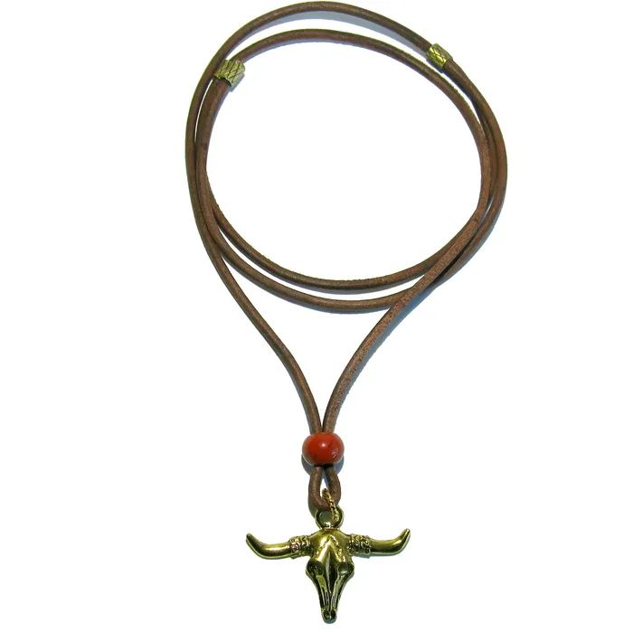 Necklaces Satin Crystals Red Jasper Necklace Wild West Bull Skull on Brown Leather