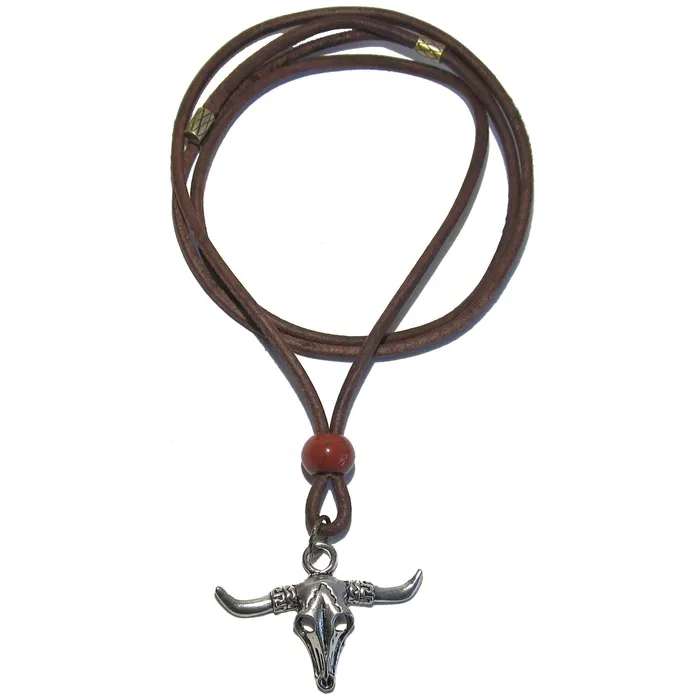 Necklaces Satin Crystals Red Jasper Necklace Wild West Bull Skull on Brown Leather