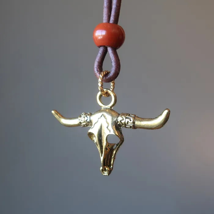 Necklaces Satin Crystals Red Jasper Necklace Wild West Bull Skull on Brown Leather