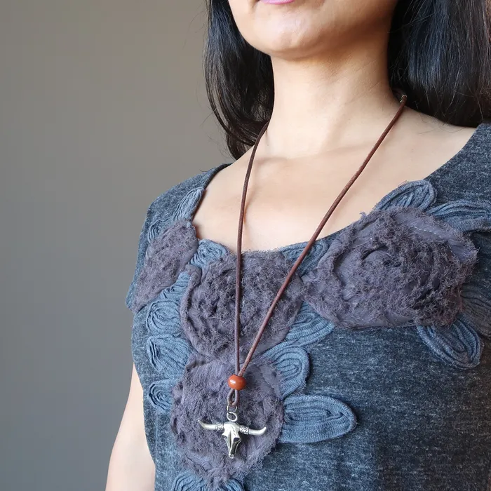 Necklaces Satin Crystals Red Jasper Necklace Wild West Bull Skull on Brown Leather