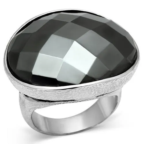 Rings Alamode LO2470 Rhodium Brass Ring with Synthetic Hematite in Hematite