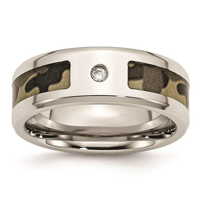 Rings Chisel Stainless Steel Polished w CZ Printed Brown Camo Under Rubber Band Rings Chisel Stainless Steel Polished w CZ Printed Brown Camo Under Rubber Band