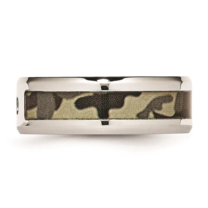 Rings Chisel Stainless Steel Polished w CZ Printed Brown Camo Under Rubber Band Rings Chisel Stainless Steel Polished w CZ Printed Brown Camo Under Rubber Band