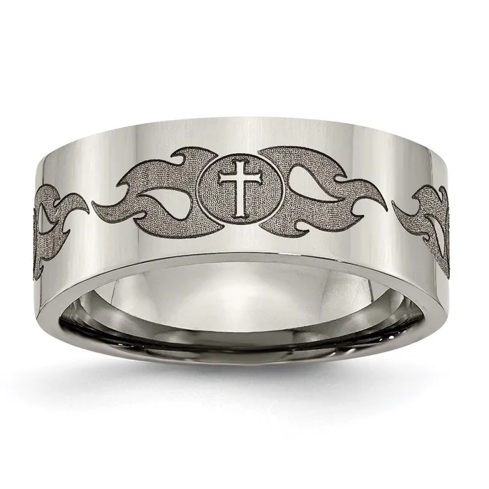 Rings Chisel Titanium Flat 8mm Laser Design Polished Band TB3S