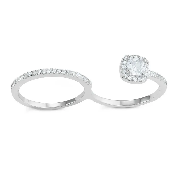 Rings Classic Sterling Silver Open Square Double Finger CZ Ring W1610