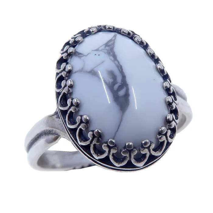 Rings Howlite Ring White Mountain Sterling Silver Adjustable Satin Crystals