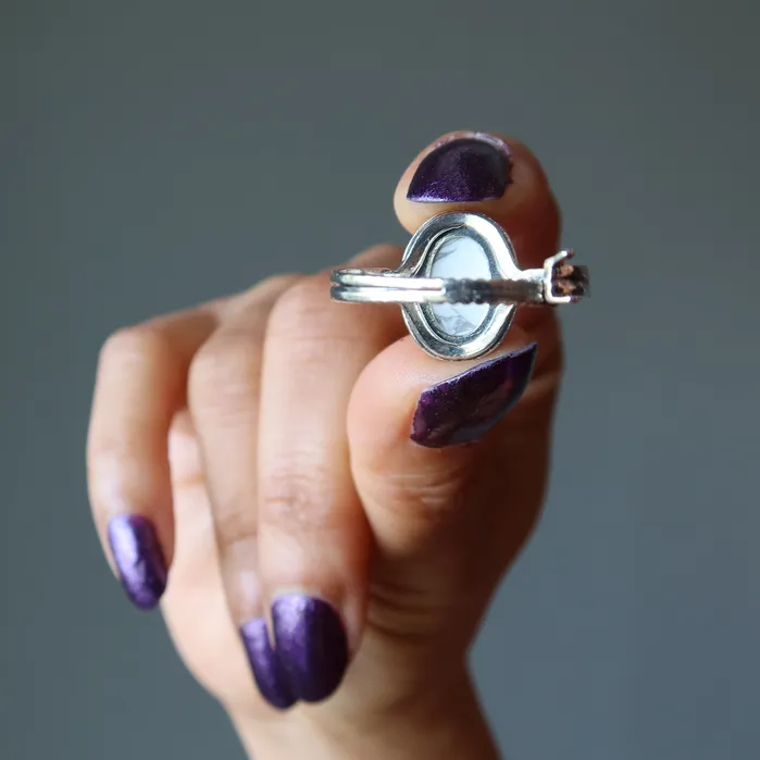 Rings Howlite Ring White Mountain Sterling Silver Adjustable Satin Crystals