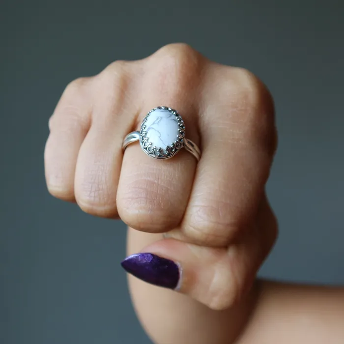 Rings Howlite Ring White Mountain Sterling Silver Adjustable Satin Crystals