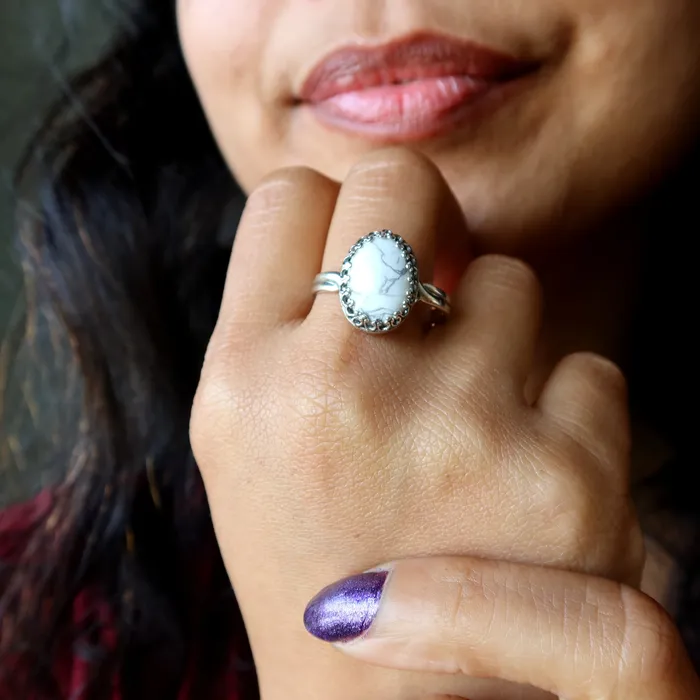 Rings Howlite Ring White Mountain Sterling Silver Adjustable Satin Crystals
