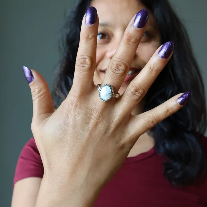 Rings Howlite Ring White Mountain Sterling Silver Adjustable Satin Crystals