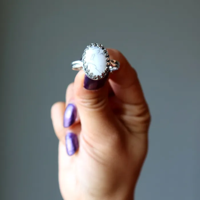 Rings Howlite Ring White Mountain Sterling Silver Adjustable Satin Crystals