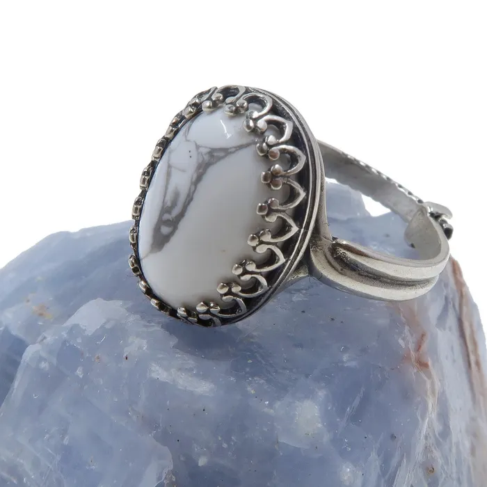 Rings Howlite Ring White Mountain Sterling Silver Adjustable Satin Crystals