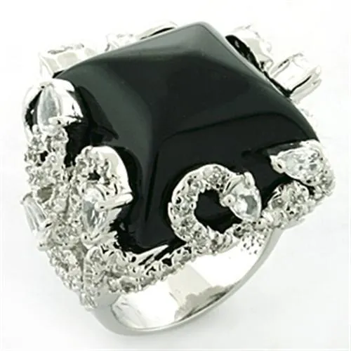 Rings LOA684 Rhodium Brass Ring with Synthetic Onyx in Jet Alamode