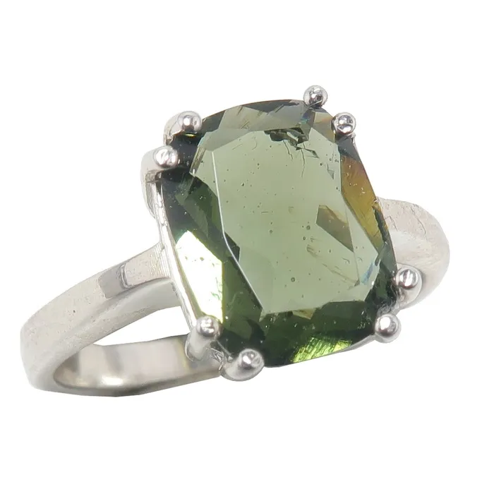 Rings Moldavite Ring Big Green Stargazer Gem Sterling Silver Satin Crystals