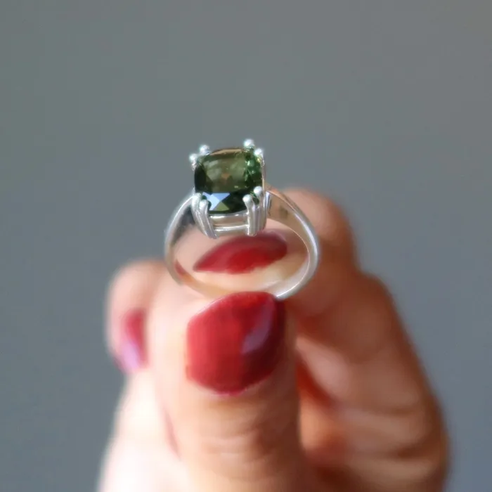 Rings Moldavite Ring Big Green Stargazer Gem Sterling Silver Satin Crystals