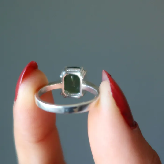 Rings Moldavite Ring Big Green Stargazer Gem Sterling Silver Satin Crystals