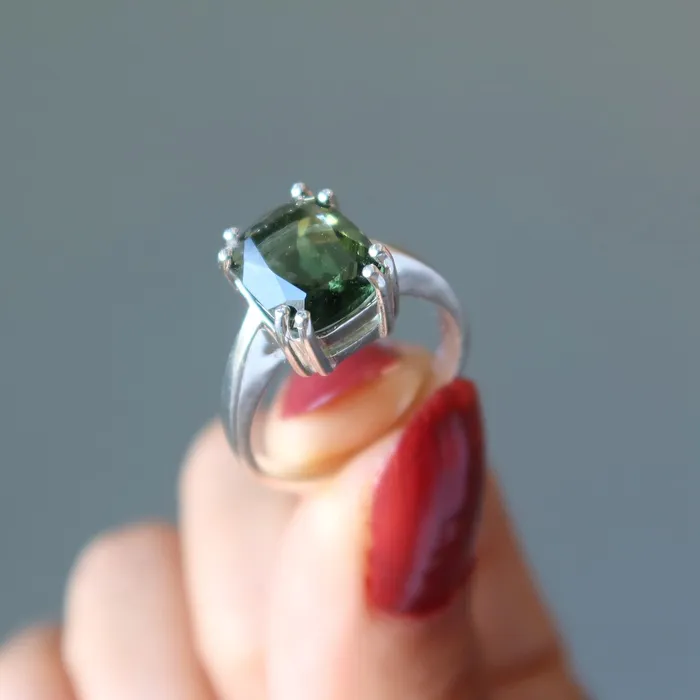 Rings Moldavite Ring Big Green Stargazer Gem Sterling Silver Satin Crystals