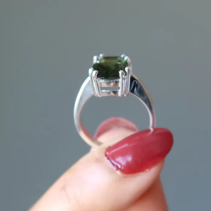 Rings Moldavite Ring Big Green Stargazer Gem Sterling Silver Satin Crystals