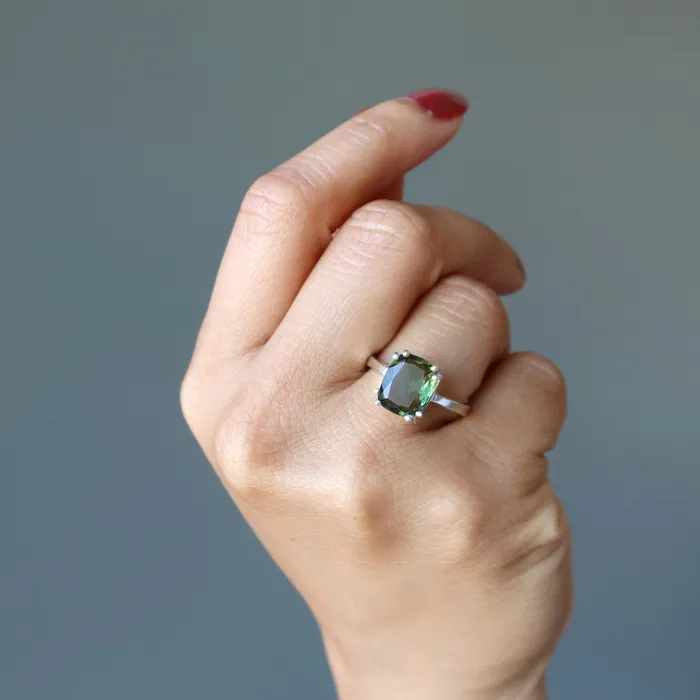 Rings Moldavite Ring Big Green Stargazer Gem Sterling Silver Satin Crystals