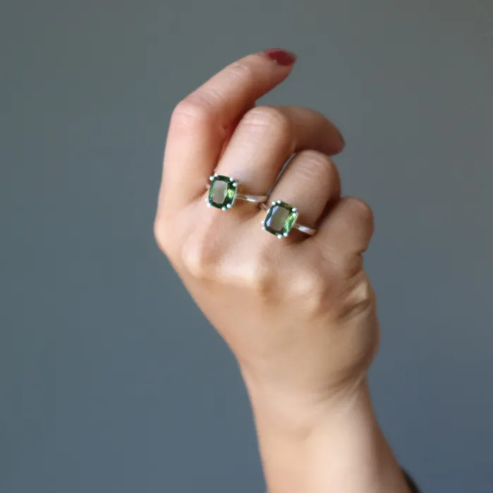 Rings Moldavite Ring Big Green Stargazer Gem Sterling Silver Satin Crystals