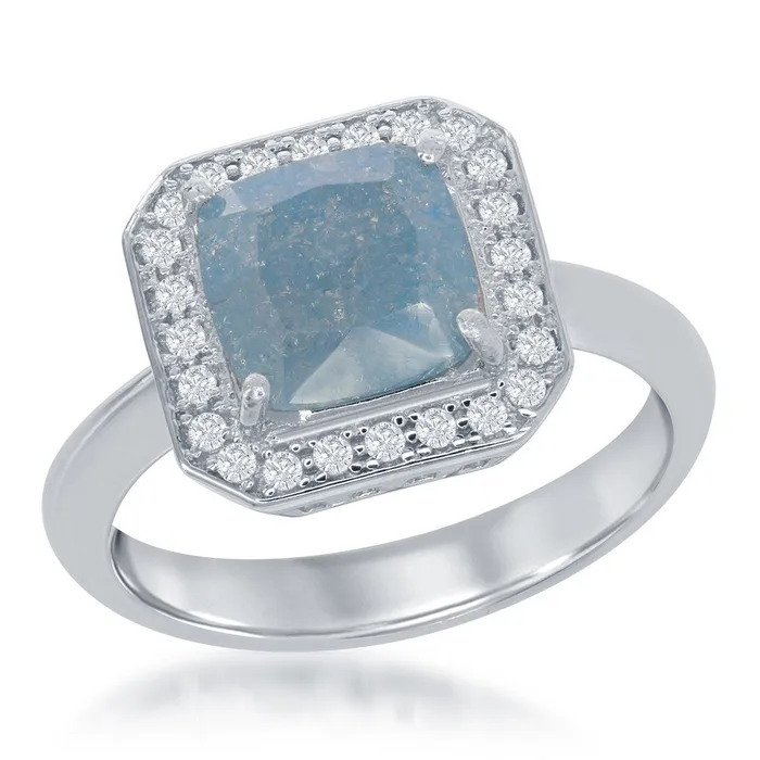 Rings Sterling Silver Square Blue Ice with CZ Border Ring W1392 Classic