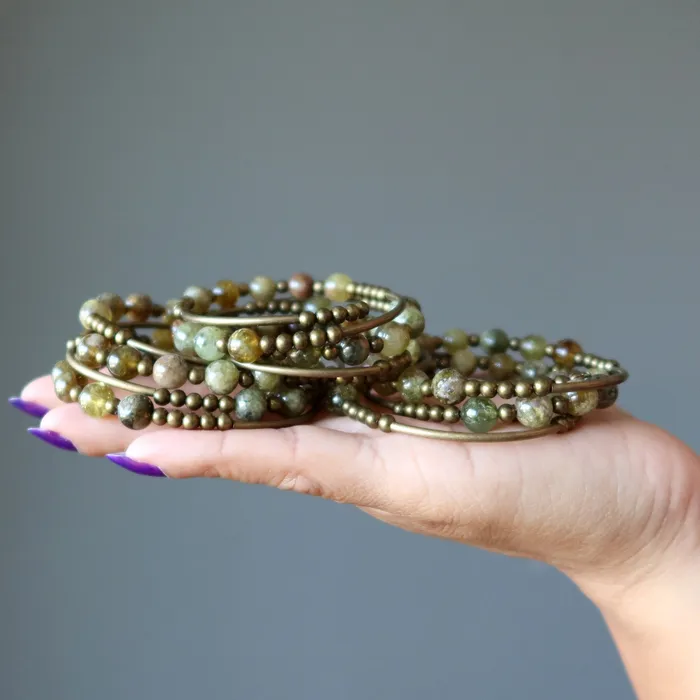 Satin Crystals Bracelets Garnet Bracelet Green Goodness Memory Wire Coil