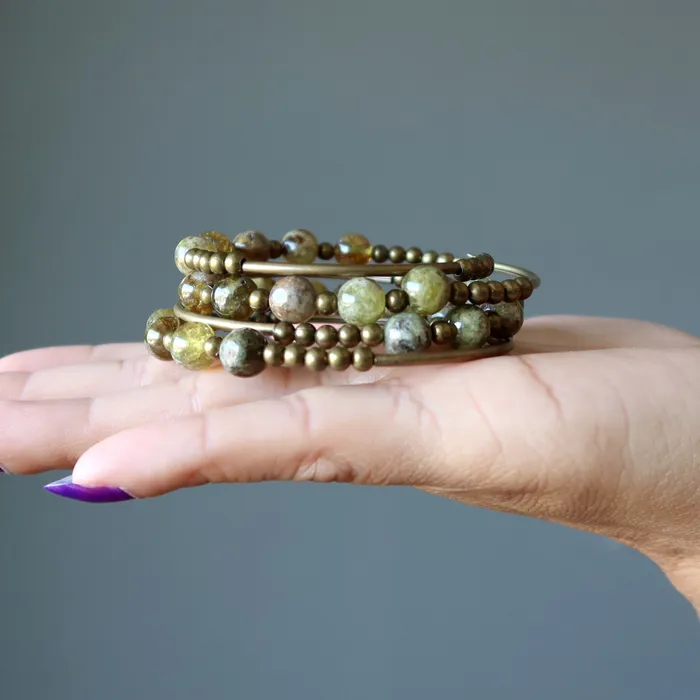 Satin Crystals Bracelets Garnet Bracelet Green Goodness Memory Wire Coil